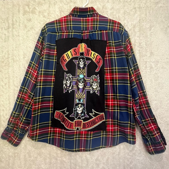 Guns and Roses Patch Flannel Button Up Shirt Sz L Lands End Upcycled Handmade - Picture 1 of 16